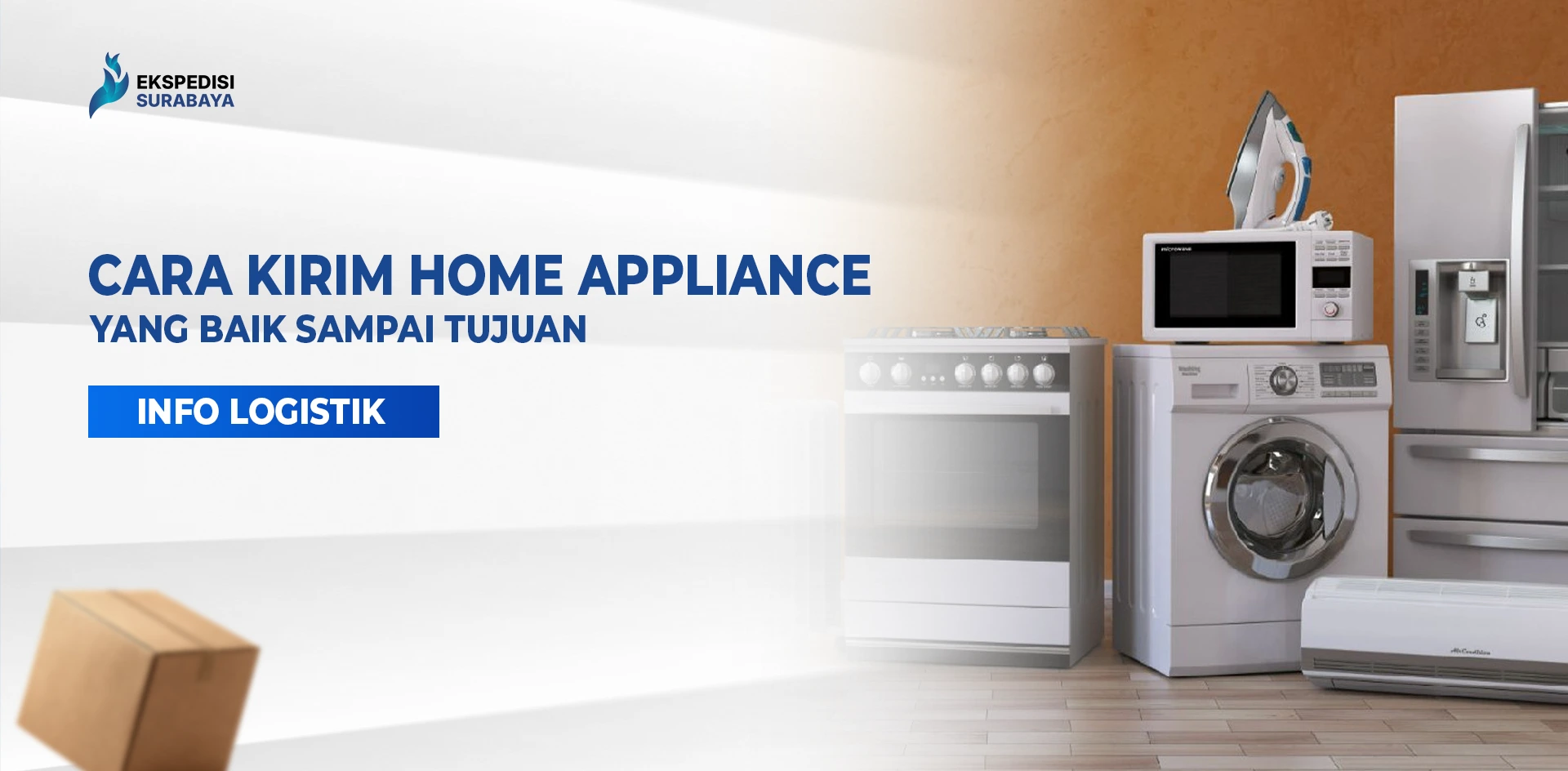 Ilustrasi berbagai home appliance yang siap dikirim, seperti kulkas, mesin cuci, oven, dan AC.