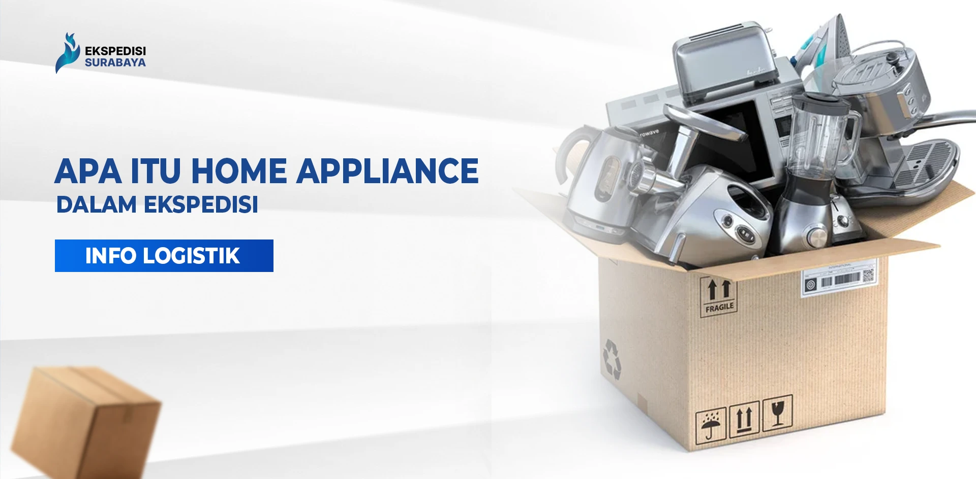 Kotak berisi peralatan elektronik rumah tangga seperti blender, mixer, dan microwave sebagai contoh home appliance.